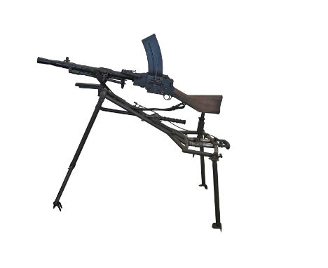 A Madsen 7.92mm light machine gun, number 2237, on an adjustable tripod with lever mechanism together with a brown leather ca