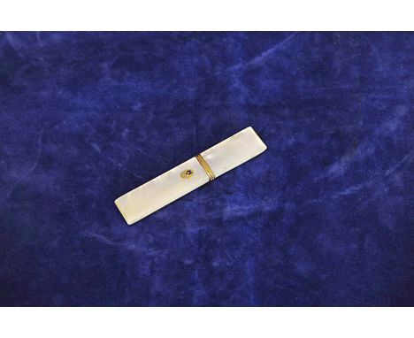 A mother of pearl rectangular case with gilt mounts and stylised floral oval panel to the centre. 