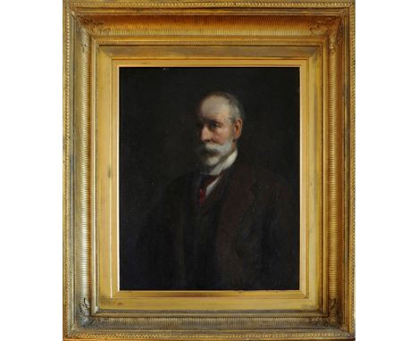 A Crealack, a portrait of a gentleman wearing a brown jacket and waistcoat, white shirt and red tie. Signed lower right. 22¾ 