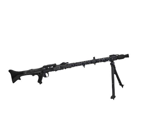 An MG34 7.92mm light machine gun with attached tripod, two drum magazines in a carrying frame and three ammunition boxes. The