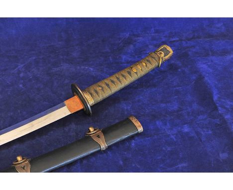 A Japanese Katana with floral and leaf decorated pommel, wrapped shagreen grip and ebonised scabbard with floral decorated mo