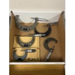 Box of Various Outside Micrometers (3) HDT 1-2", 2-3", 3-4", Starrett 2-3" & Mitutoyo 1-2"