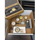 Box of Various Drop Dial Indicators, Mitutoyo, Enco, Hardinge, Elox, Yuasa, Bestest, Brown &