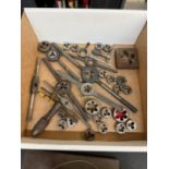 Box of Various Taps With Tap Handles, Thread Dies, Die Handles & Mini Tapper Unit