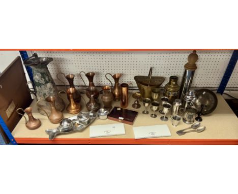 Two Windsor and Newton paint boxes and a collection of Still Life studio props including copper, brass and various metalware.