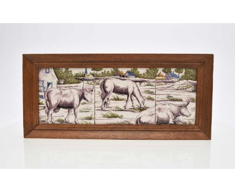 A Dutch delft manganese and polychrome tile panel, 18th/19th century, decorated with cattle and a horse grazing in a landscap