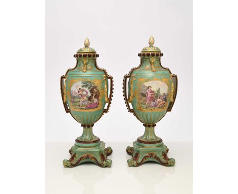 A good pair of Chelsea vases and covers, gold anchor period, circa 1760s, the shape similar in style to the Sèvres model desc