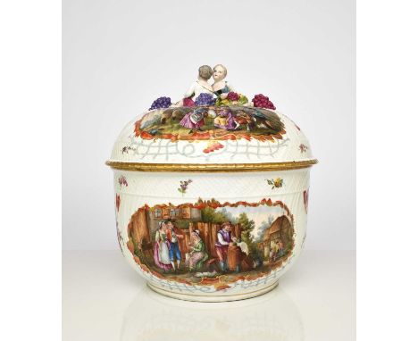A large Carl Thieme (Potschappel) porcelain bowl and cover, late 19th century, the cover's finial modelled as a young boy and