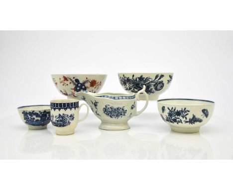 A small group of Liverpool, Lowestoft and Worcester porcelain, 18th century, comprising a Lowestoft slop basin, painted in un
