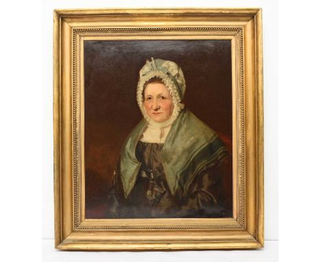 Henry Wyatt (1794-1840) Portrait of a Seated Lady wearing a Lace Bonnet with blue shawl over her shoulders, signed and dated 
