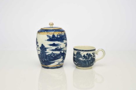 A Caughley 'Pagoda' tea canister and cover, circa 1780-85, transfer-printed in underglaze blue, printed S mark, 11.5cm high; 