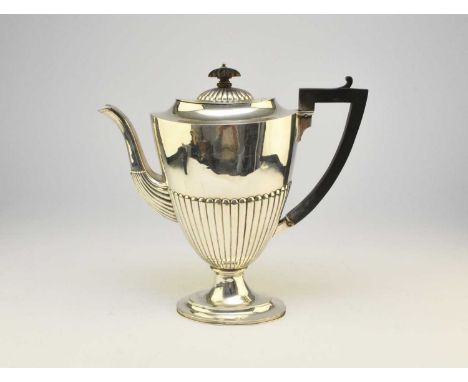 A Victorian silver coffee pot, makers mark rubbed, London 1890, of pedestal half reeded form with ebonised handle and finial,