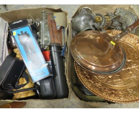 Two boxes of sundries, to include a boxed camera tripod and antique warming pan