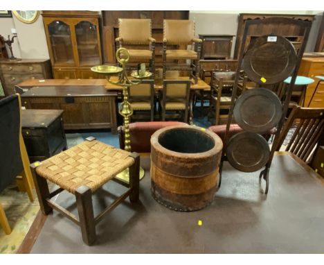 An oak dumb waiter with a stool brass smokers stand and a leather covered planter. (4) 