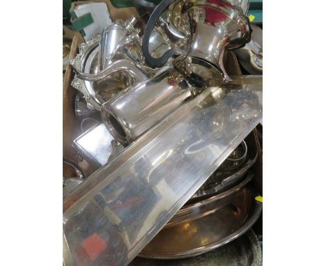 A tray of assorted metal ware to include a silver plated four piece tea service 