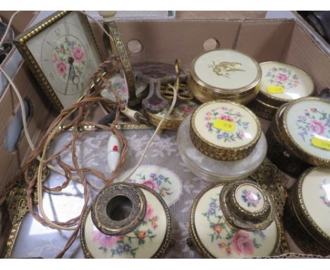 A tray of vintage Petit Point dressing table items to include candlesticks, dressing table tray, easel back clock etc