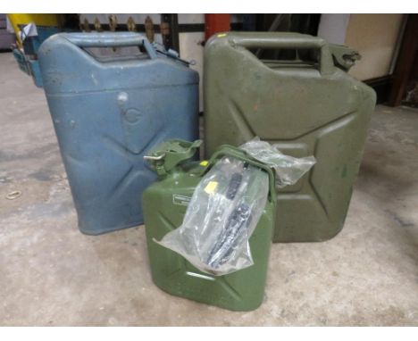 Three jerry cans to include a US Army example, a British Army example with crows foot mark and a modern 5 litre example with 