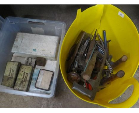 Two plastic tubs of assorted tools to include hammers, chisels, drill bits etc