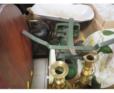 A tray of sundries to include a vintage set of scales 
