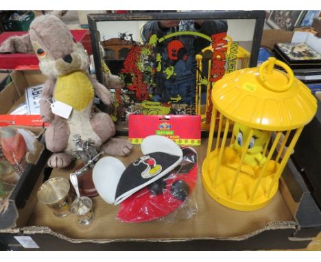 A tray of Disney collectables, to include a vintage Mickey and Pluto mirror, a pewter golfing themed Donald Duck figure on pl