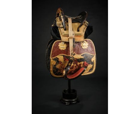 dating: Period (1603-1867) provenance: Japan, Wooden saddle lacquered in black and decorated on front and back part with gold