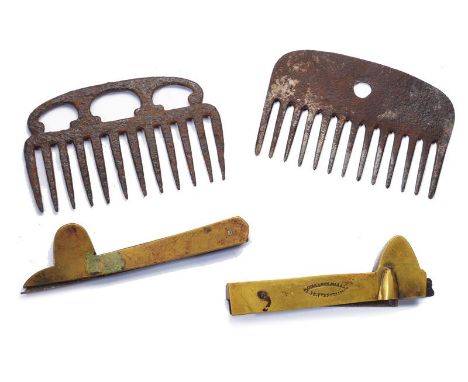 dating: 19th Century provenance: France, Two, multipurpose tools to clean the hoofs (one with manufacture name); two, iron ho
