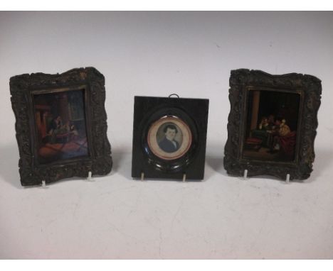Two paintings on papier mache together with a portrait miniature  