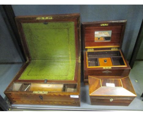 A mahogany tea caddy, writing slope, jewel box and a set of balance scales with weights  