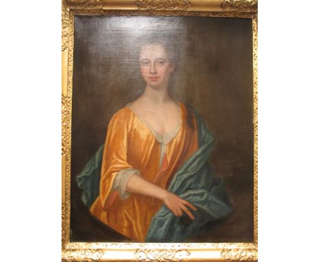 After Michael Dahl, portrait of a lady in a yellow dress, oil on canvas, 89 x 70cm  