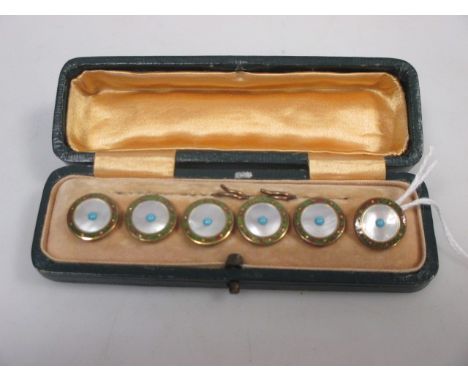 A cased set of six mother of pearl, enamel and faux turquoise buttons  