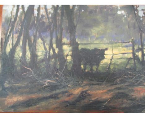 Mick Cawston (British, 1959 - 2006) Fox in a hunting jacket; cow by a gate at sunset and man and his dog in a moonlit field, 