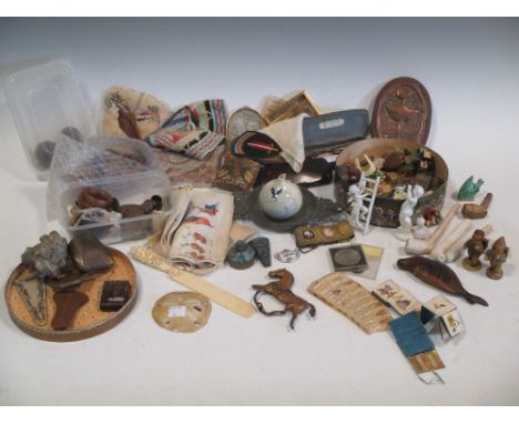 A box of 19th century and later cabinet curios to include coins purses, a 15th centuty tile etc.  