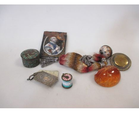 A Bilston enamel type measuring tape together with an 18th century enamel circular box and various other items  