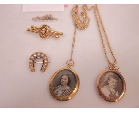 A pearl set two row bar brooch stamped 18k (6.5g), a double sided locket on rope chain and another similar, all bearing marks