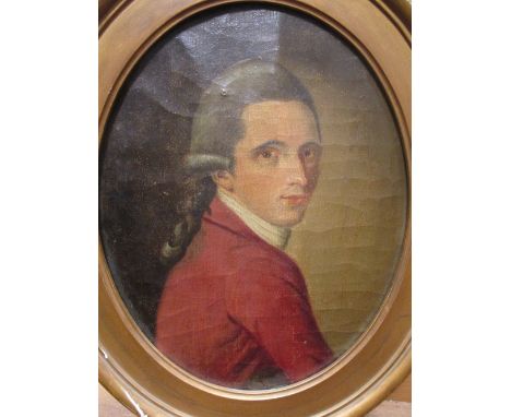English School, 18th century, portrait of a gentleman in a red jacket, oval,  