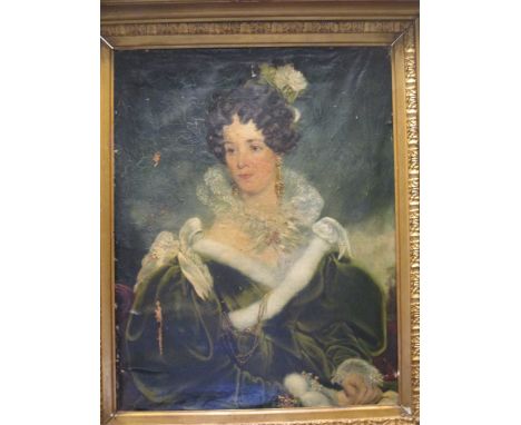 English School, 19th century, portrait of a lady with gold drop earrings and a fur trimmed dress, three quarter length, oil o