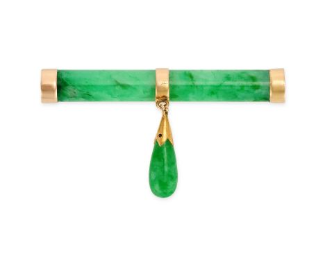A JADEITE JADE BAR BROOCH in 18ct yellow gold formed of a jade cylinder capped at both ends with to a pin clasp, suspending a