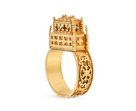 A BLUE ENAMEL JEWISH BETROTHAL RING in 18ct yellow gold, designed as a temple, the hinged lid revealing an inner compartment 