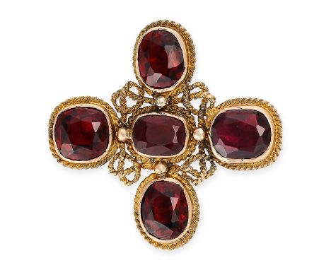AN ANTIQUE GARNET CROSS BROOCH set with five cushion cut garnets accented by twisted wirework borders, no assay marks, 3.0cm,