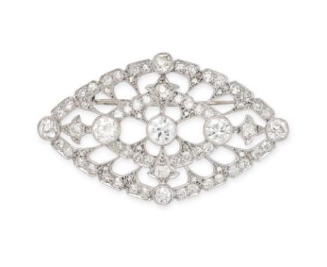 A VINTAGE DIAMOND BROOCH in 18ct white gold and platinum, in openwork lattice design set with five principal old European cut