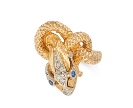 A SAPPHIRE AND DIAMOND SNAKE RING in yellow gold, designed as a snake coiled around itself, the head set with single cut diam