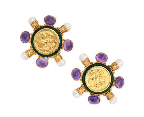 A PAIR OF AMETHYST, PEARL, DIAMOND AND ENAMEL GOLD SOVEREIGN COIN CLIP BROOCHES in high carat yellow gold, each set with a Ge