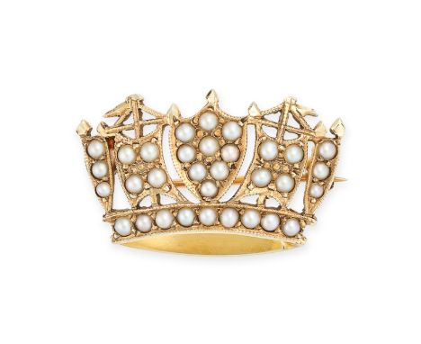 A VINTAGE PEARL CROWN / CORONET BROOCH in 9ct yellow gold, designed as a coronet set throughout with pearls, J.W.B maker's ma