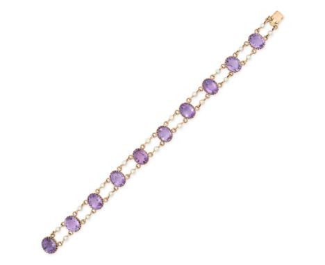 A VINTAGE AMETHYST AND PEARL BRACELET in 9ct yellow gold, set with a row of ten oval cut amethysts the double link chain set 
