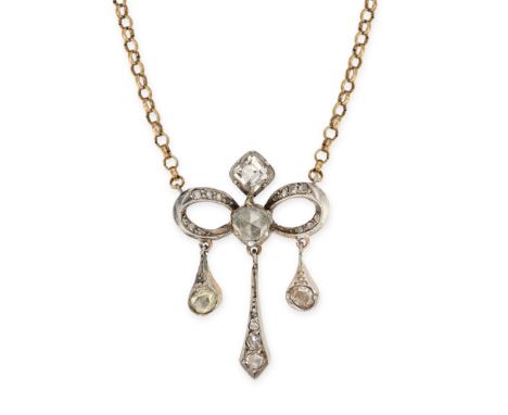 AN ANTIQUE DIAMOND BOW PENDANT NECKLACE, 19TH CENTURY in yellow gold and silver, the pendant set with a square step cut diamo