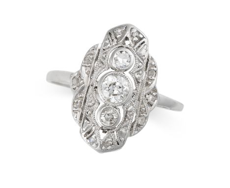 AN ART DECO DIAMOND DRESS RING the stylised face set with old cut and rose cut diamonds, no assay marks, size M / 6.25, 2.6g.