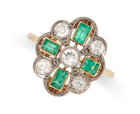 AN EMERALD AND DIAMOND DRESS RING in 18ct yellow gold, the scallop edged face set with old cut diamonds and step cut emeralds