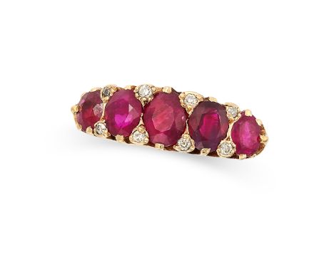 A RUBY AND DIAMOND FIVE STONE RING in yellow gold, set with five graduated oval cut rubies accented by rose cut diamonds, the