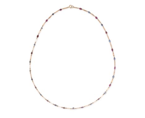 A SAPPHIRE AND RUBY NECKLACE in yellow gold, set with alternating cushion cut blue sapphires and rubies connected by baton li