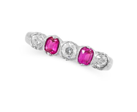 A RUBY AND DIAMOND FIVE STONE RING set with alternating old cut diamonds and cushion cut rubies, rubies totalling 0.4-0.5 car